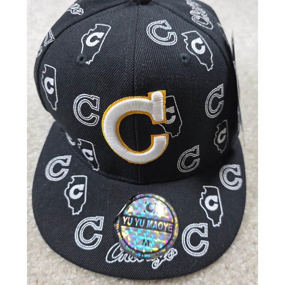New Era Chicago Cubs Fitted Hat Black All Over C Print Flat Brim 7 1/4 Hip Hop